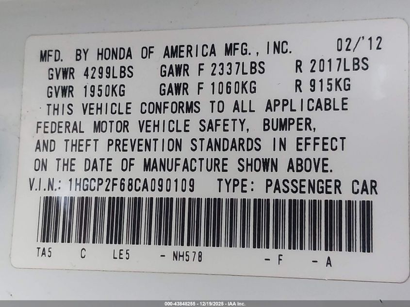 2012 Honda Accord 2.4 Se VIN: 1HGCP2F68CA090109 Lot: 43848255