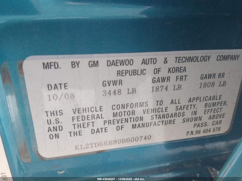 2009 Pontiac G3 VIN: KL2TD66E99B600740 Lot: 43848257