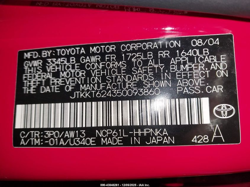 2005 Scion Xa VIN: JTKKT624350093860 Lot: 43848261