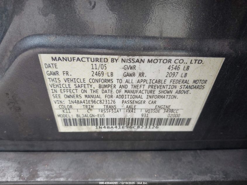 2006 Nissan Maxima 3.5 Sl VIN: 1N4BA41E96C823126 Lot: 43848265