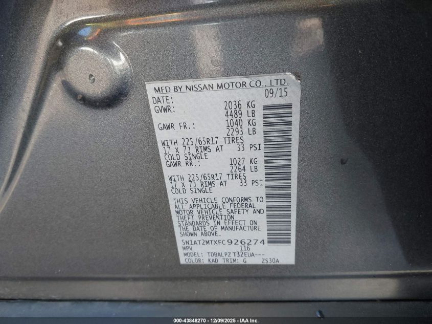 2015 Nissan Rogue S VIN: 5N1AT2MTXFC926274 Lot: 43848270