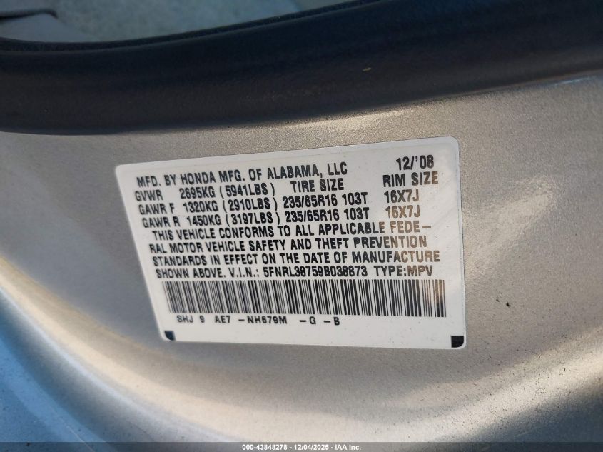 2009 Honda Odyssey Ex-L VIN: 5FNRL38759B038873 Lot: 43848278