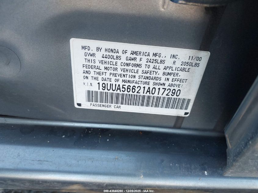 2001 Acura Tl 3.2 VIN: 19UUA56621A017290 Lot: 43848280