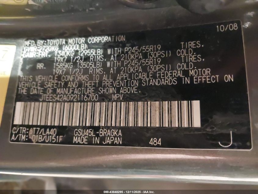 2009 Toyota Highlander Limited VIN: JTEES42A092116700 Lot: 43848295