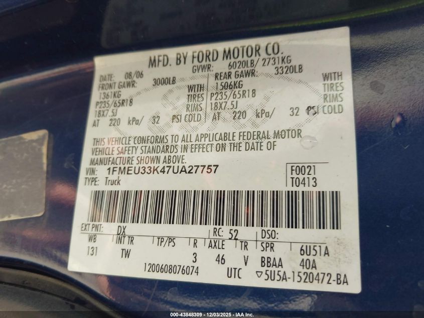 2007 Ford Explorer Sport Trac Limited VIN: 1FMEU33K47UA27757 Lot: 43848309