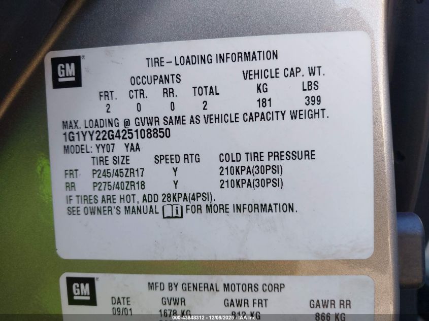 2002 Chevrolet Corvette VIN: 1G1YY22G425108850 Lot: 43848312