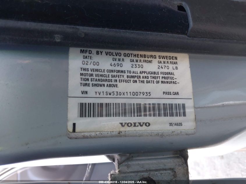 2001 Volvo V70 T5 VIN: YV1SW53DX11007935 Lot: 43848316