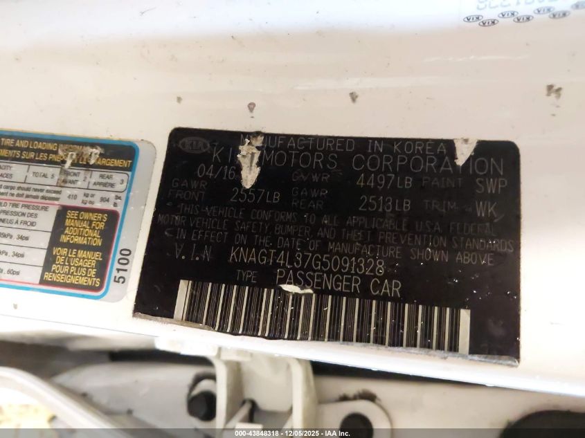 2016 Kia Optima Lx VIN: KNAGT4L37G5091328 Lot: 43848318