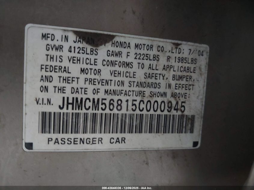 2005 Honda Accord 2.4 Ex VIN: JHMCM56815C000945 Lot: 43848336