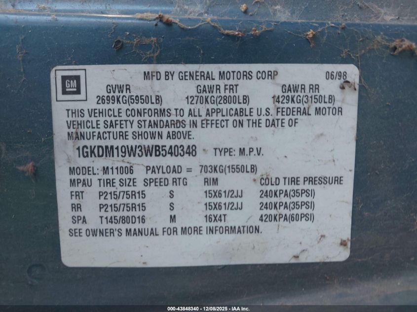 1998 GMC Safari Sle VIN: 1GKDM19W3WB540348 Lot: 43848340