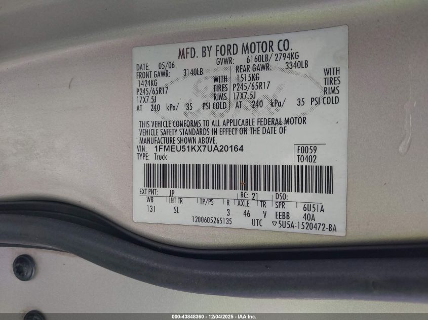 2007 Ford Explorer Sport Trac Xlt VIN: 1FMEU51KX7UA20164 Lot: 43848360