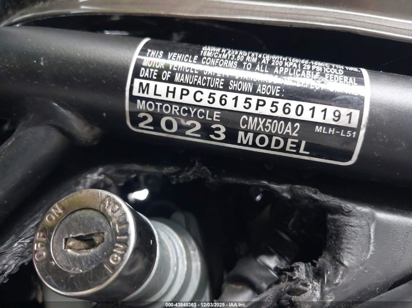 2023 Honda Cmx500 VIN: MLHPC5615P5601191 Lot: 43848363
