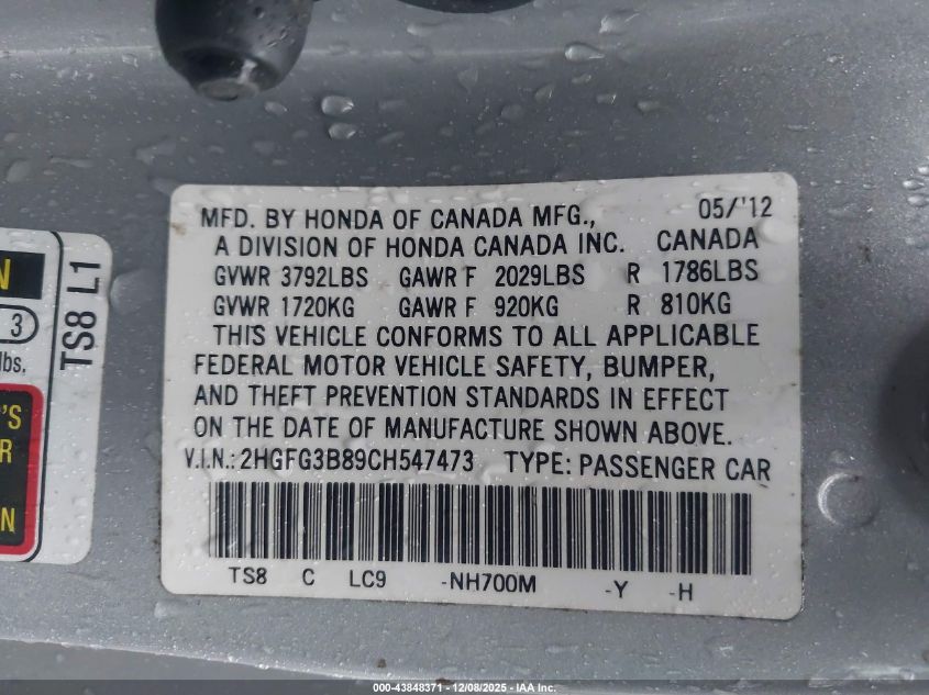 2012 Honda Civic Ex VIN: 2HGFG3B89CH547473 Lot: 43848371