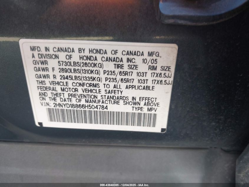 2006 Acura Mdx VIN: 2HNYD18866H504784 Lot: 43848385