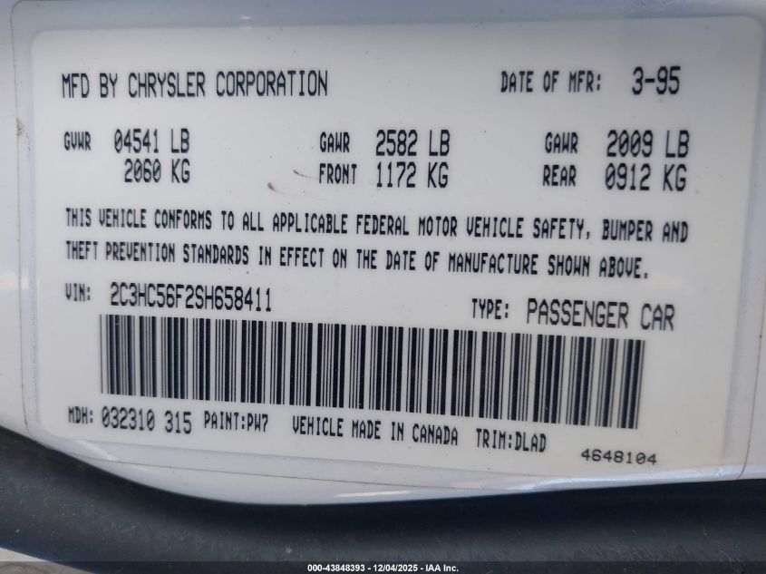 1995 Chrysler Lhs VIN: 2C3HC56F2SH658411 Lot: 43848393