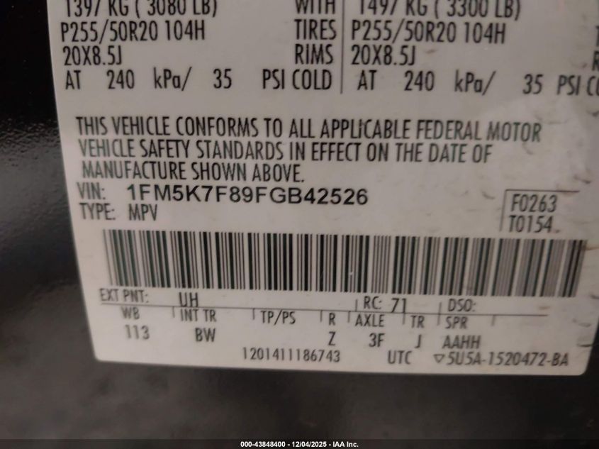 2015 Ford Explorer Limited VIN: 1FM5K7F89FGB42526 Lot: 43848400