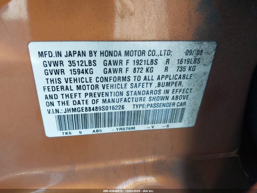 2009 Honda Fit Sport VIN: JHMGE88489S016226 Lot: 43848419