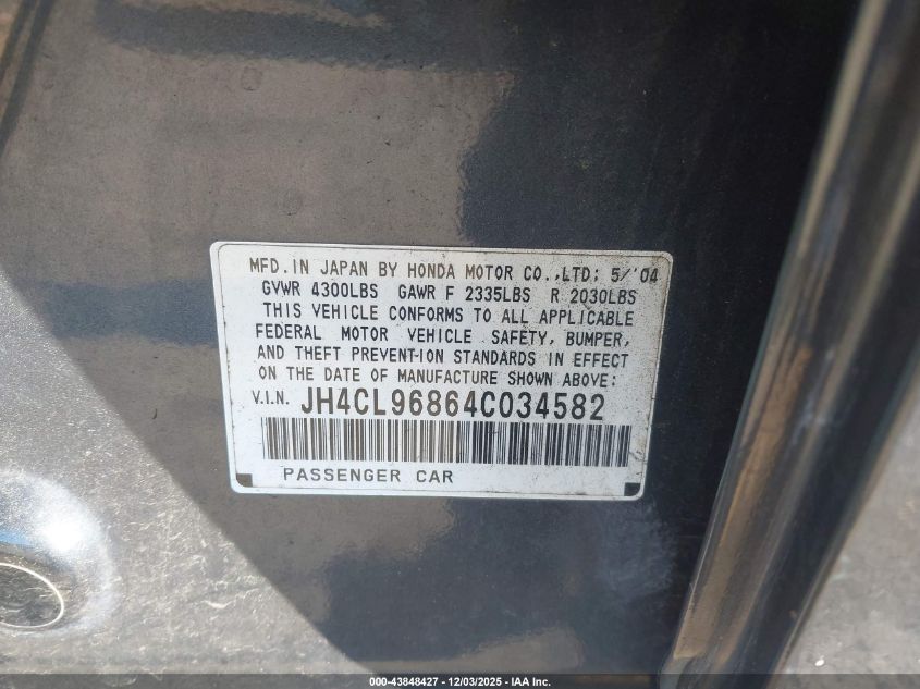 2004 Acura Tsx VIN: JH4CL96864C034582 Lot: 43848427