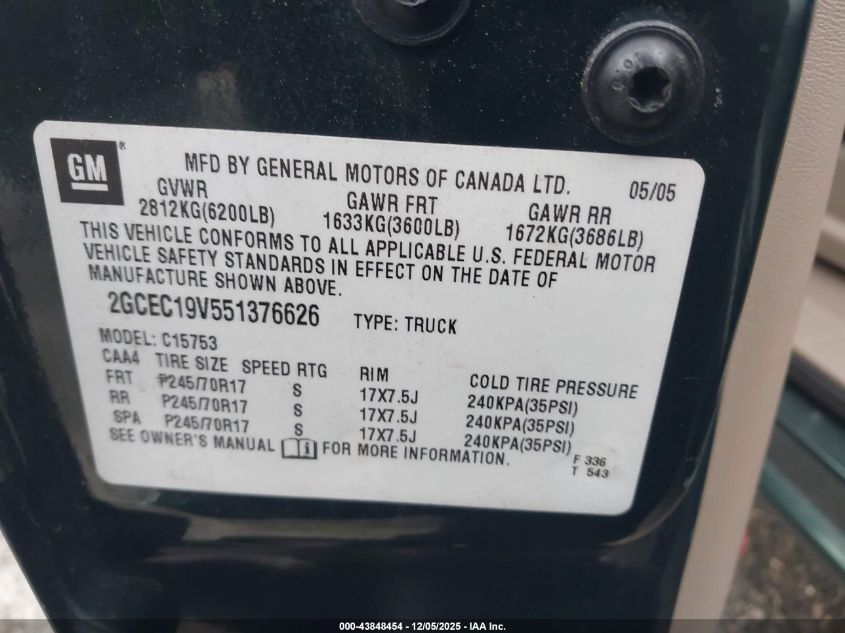 2005 Chevrolet Silverado 1500 Ls VIN: 2GCEC19V551376626 Lot: 43848454