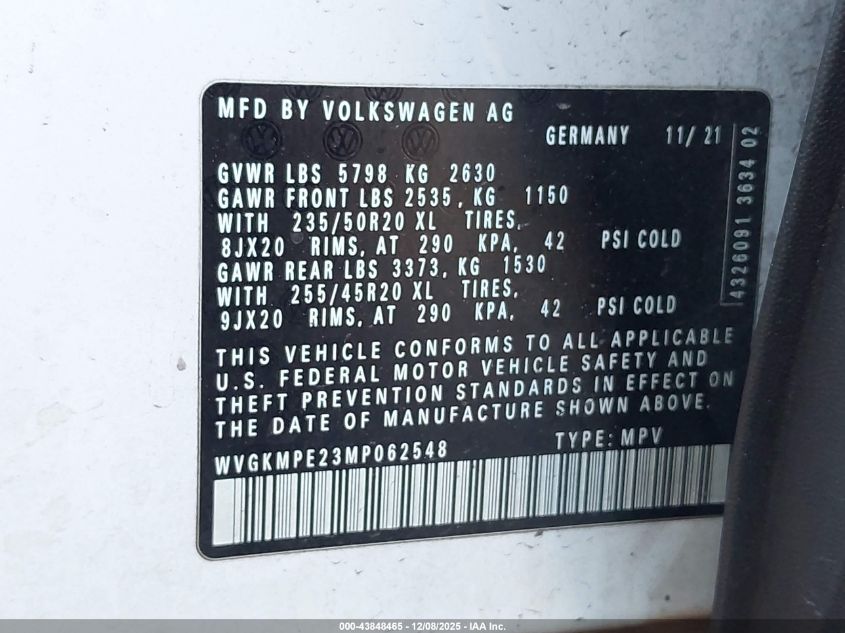 2021 Volkswagen Id.4 Pro S VIN: WVGKMPE23MP062548 Lot: 43848465