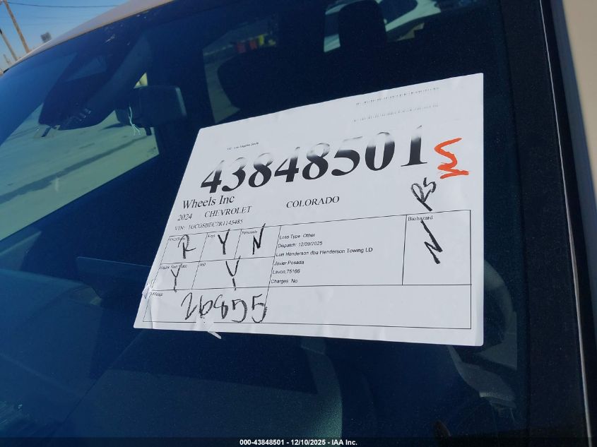 2024 Chevrolet Colorado 2Wd Wt VIN: 1GCGSBEC7R1145485 Lot: 43848501