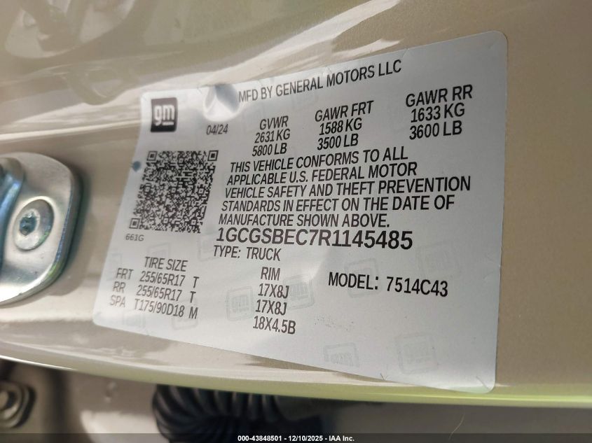 2024 Chevrolet Colorado 2Wd Wt VIN: 1GCGSBEC7R1145485 Lot: 43848501