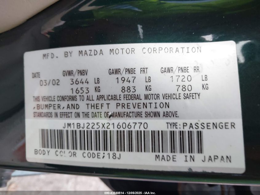 2002 Mazda Protege Dx/Es/Lx VIN: JM1BJ225X21606770 Lot: 43848514