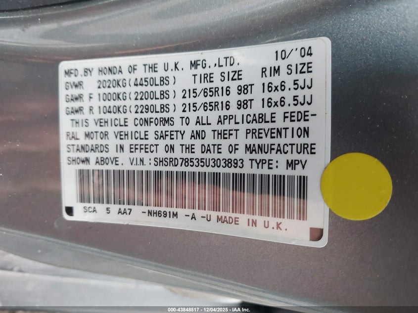 SHSRD78535U303893 2005 HONDA CR-V photo no. 9