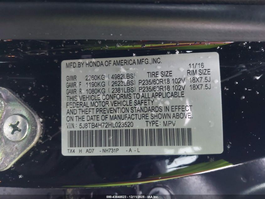 2017 Acura Rdx Advance Package VIN: 5J8TB4H72HL023520 Lot: 43848523