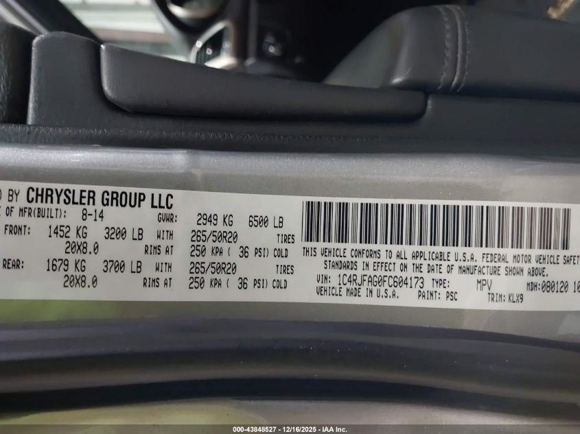 2015 Jeep Grand Cherokee Altitude VIN: 1C4RJFAG0FC604173 Lot: 43848527