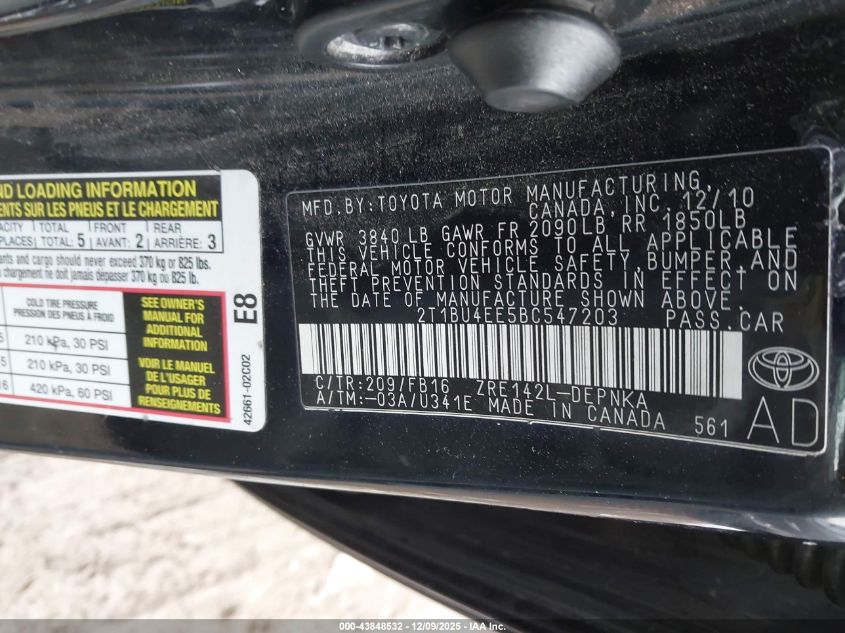 2011 Toyota Corolla Le VIN: 2T1BU4EE5BC547203 Lot: 43848532