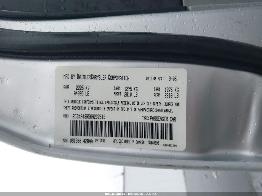 2006 Chrysler 300 VIN: 2C3KA43R56H262516 Lot: 43848534