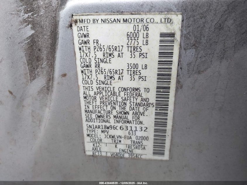 2006 Nissan Pathfinder Le VIN: 5N1AR18W96C631132 Lot: 43848539