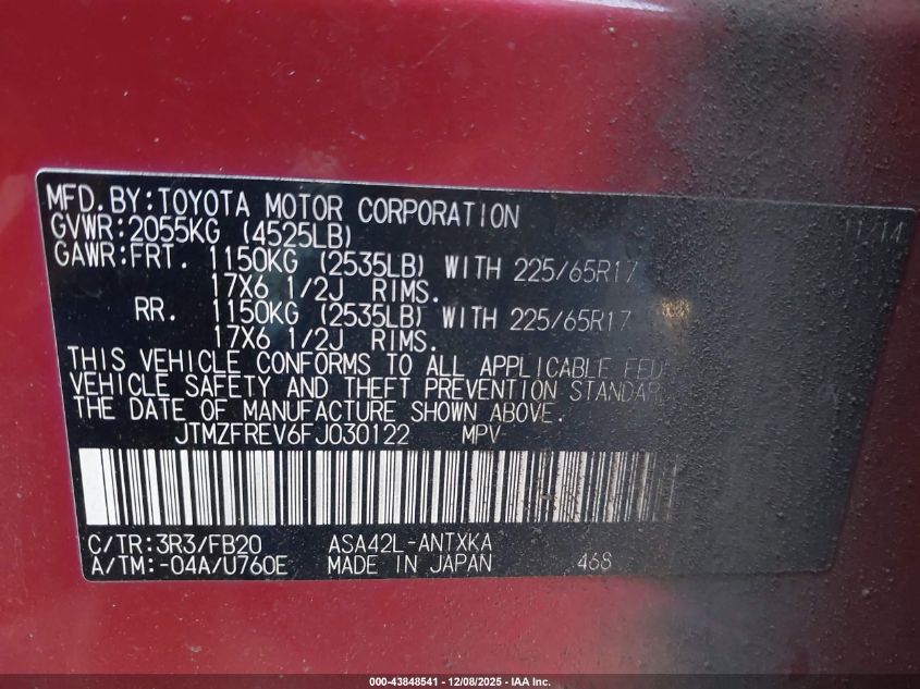 2015 Toyota Rav4 Le VIN: JTMZFREV6FJ030122 Lot: 43848541