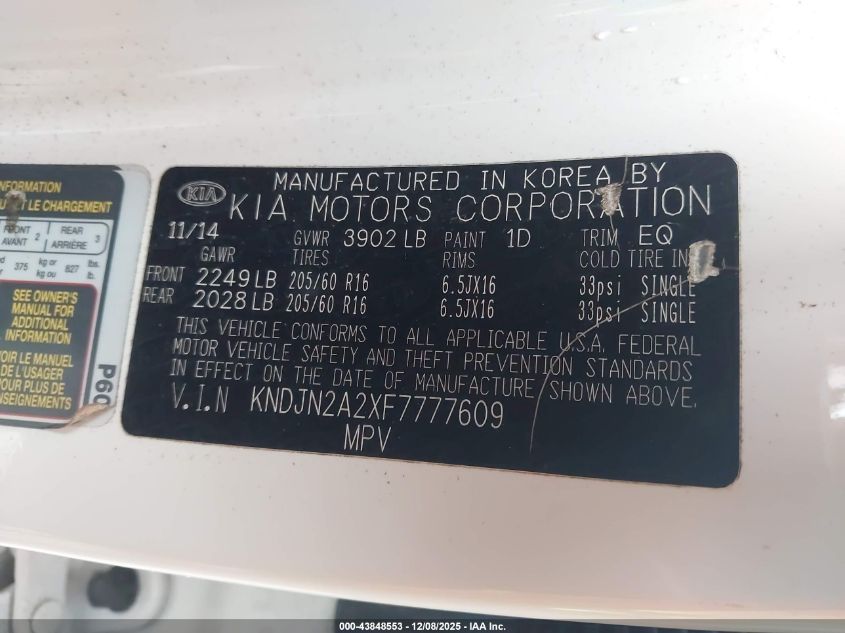 2015 Kia Soul VIN: KNDJN2A2XF7777609 Lot: 43848553