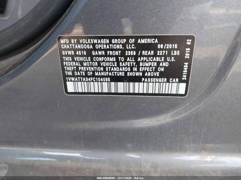 2015 Volkswagen Passat 1.8T Limited Edition VIN: 1VWAT7A34FC104055 Lot: 43848555