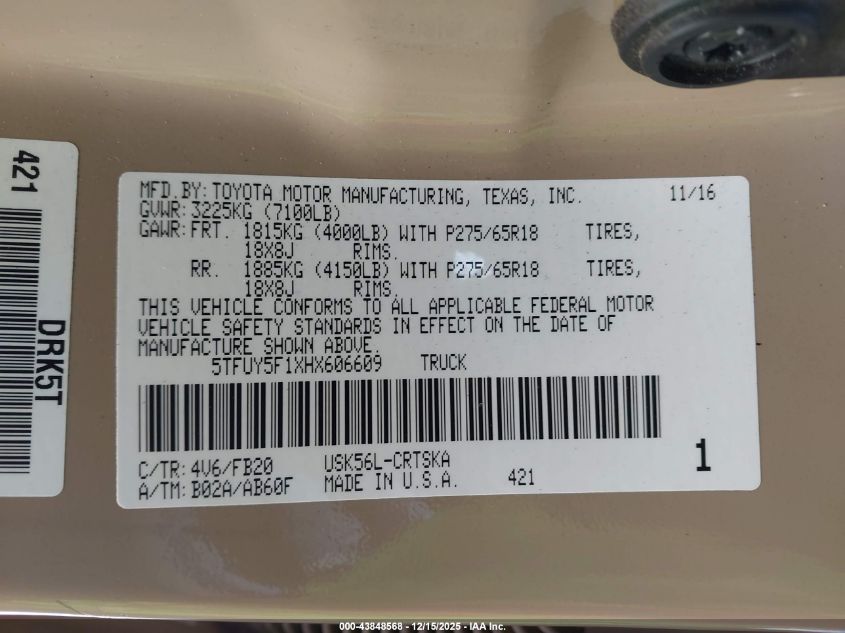 2017 Toyota Tundra Sr5 5.7L V8 VIN: 5TFUY5F1XHX606609 Lot: 43848568