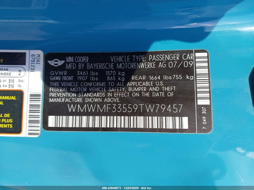 2009 Mini Cooper VIN: WMWMF33559TW79457 Lot: 43848573