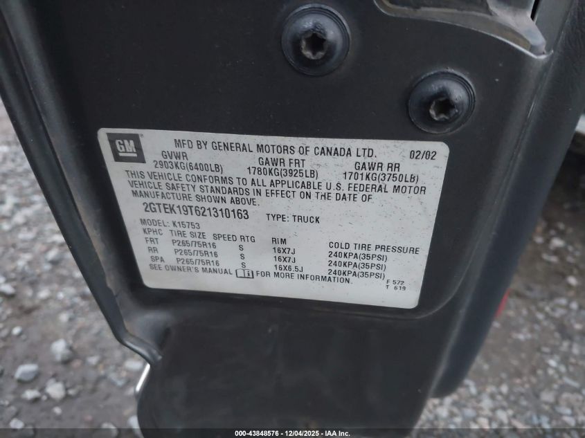 2002 GMC Sierra 1500 Sle VIN: 2GTEK19T621310163 Lot: 43848576