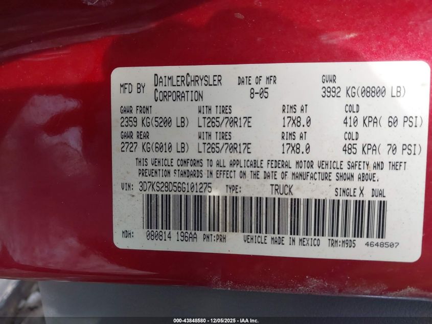2006 Dodge Ram 2500 Slt/Trx4 Off Road/Sport/Power Wagon VIN: 3D7KS28D56G101275 Lot: 43848580