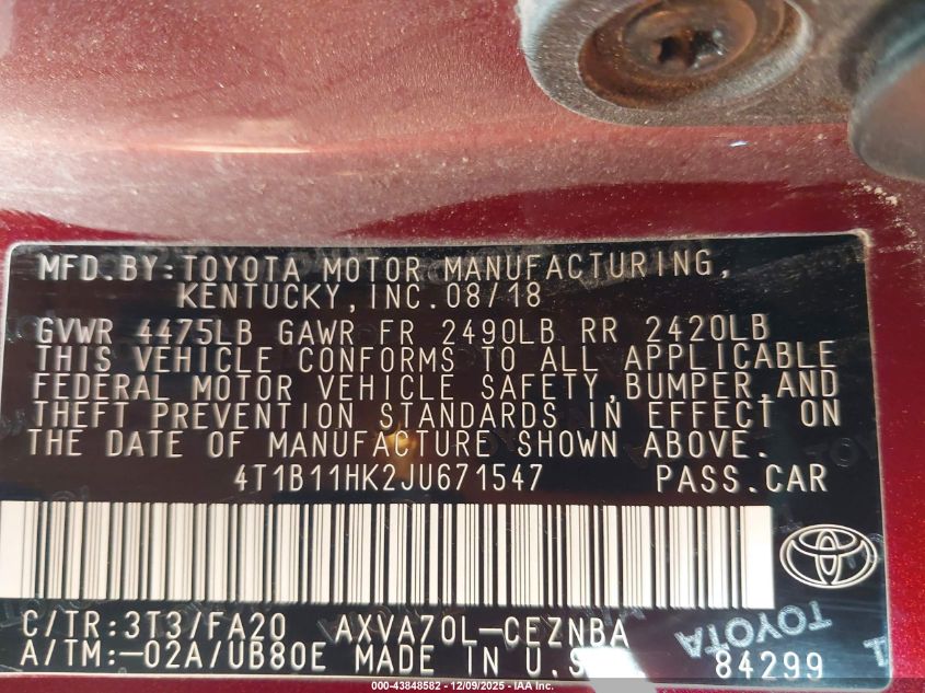 2018 Toyota Camry Le VIN: 4T1B11HK2JU671547 Lot: 43848582