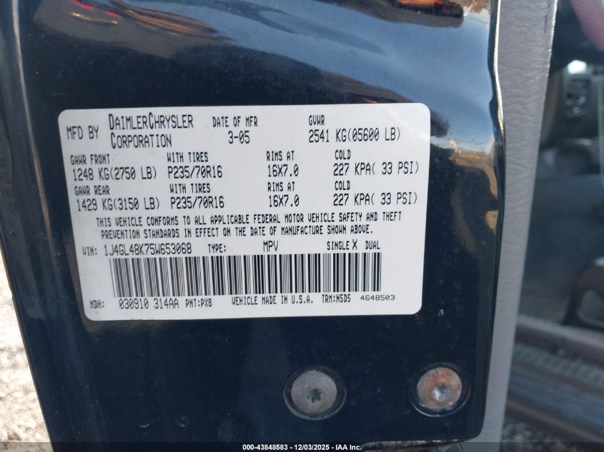 2005 Jeep Liberty Sport VIN: 1J4GL48K75W653068 Lot: 43848583