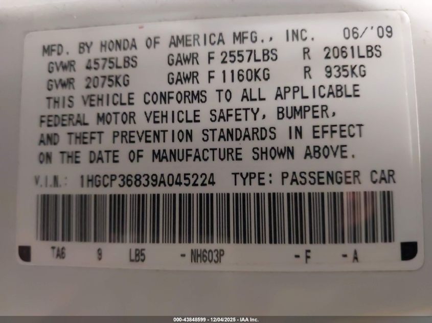 2009 Honda Accord 3.5 Ex-L VIN: 1HGCP36839A045224 Lot: 43848599
