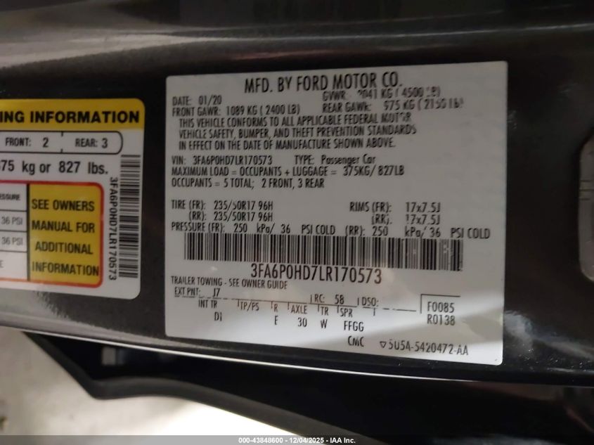 2020 Ford Fusion Se VIN: 3FA6P0HD7LR170573 Lot: 43848600