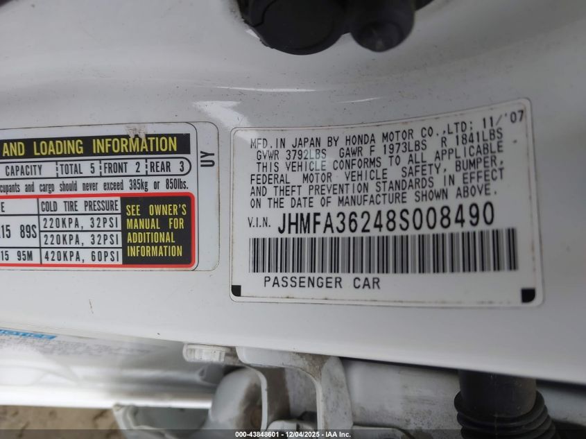 2008 Honda Civic Hybrid VIN: JHMFA36248S008490 Lot: 43848601
