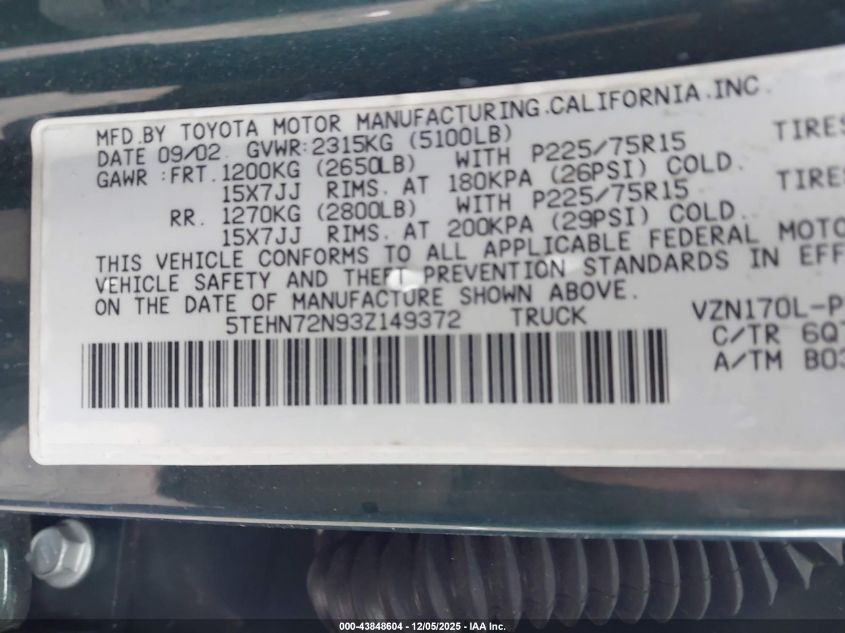 2003 Toyota Tacoma Base V6 VIN: 5TEHN72N93Z149372 Lot: 43848604