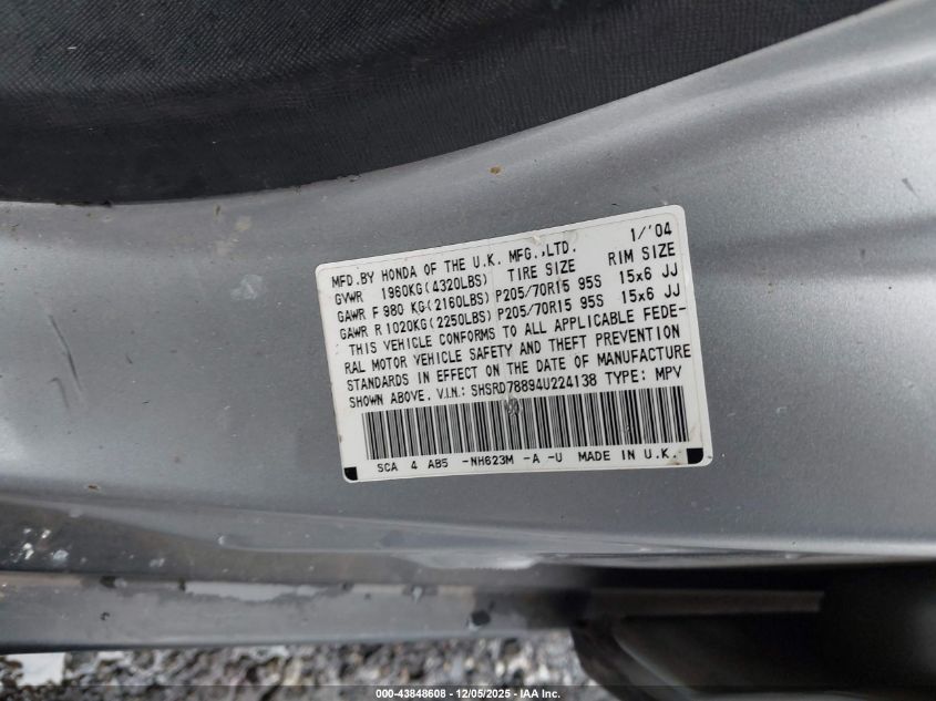 2004 Honda Cr-V Ex VIN: SHSRD78894U224138 Lot: 43848608