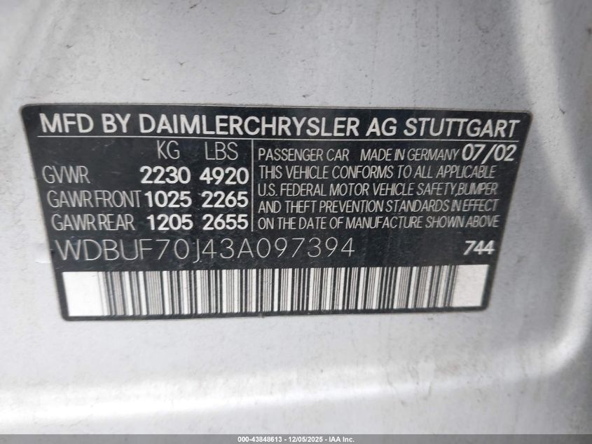 2003 Mercedes-Benz E 500 VIN: WDBUF70J43A097394 Lot: 43848613