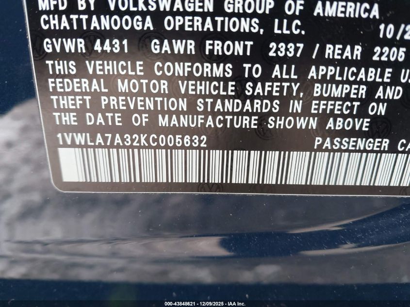 2019 Volkswagen Passat 2.0T Wolfsburg Edition VIN: 1VWLA7A32KC005632 Lot: 43848621