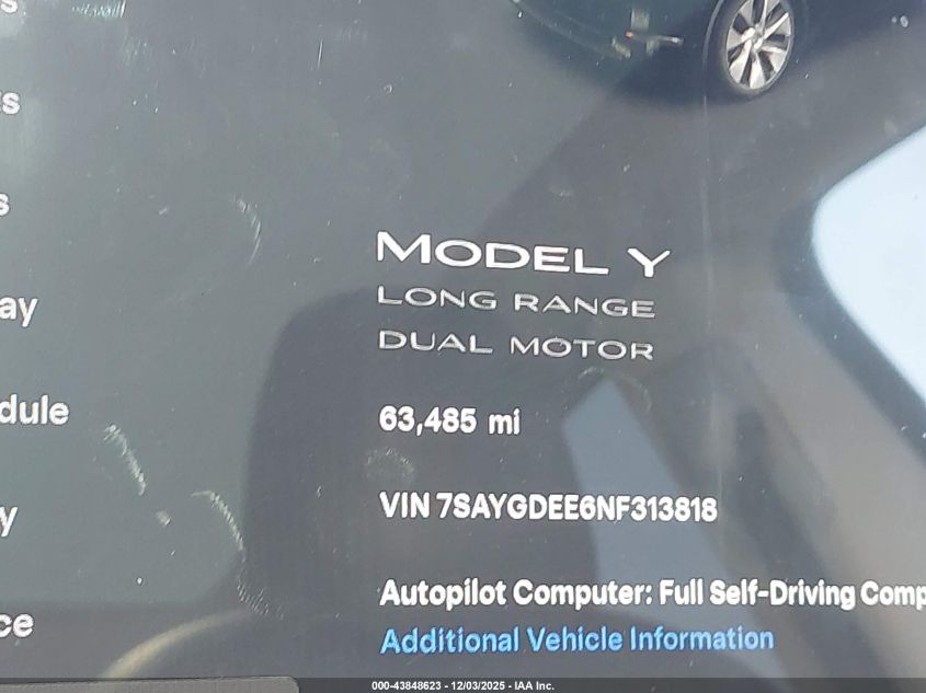 2022 Tesla Model Y Long Range Dual Motor All-Wheel Drive VIN: 7SAYGDEE6NF313818 Lot: 43848623